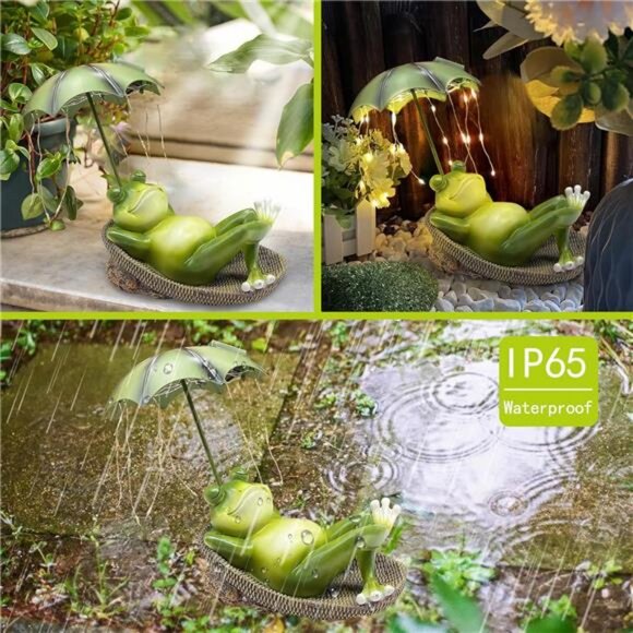 Frogs Garden Outdoor Statue - Solar Frog Umbrella Pond Statues LED Waterproof - Picture 3 of 7